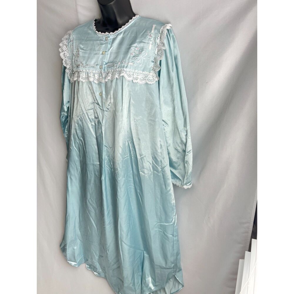 Vintage Erika Taylor Baby Blue Satin Grannycore Chemise Nightgown Lace Trim Sz S - Picture 4 of 11